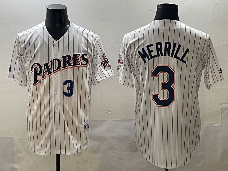 Men 2025 San Diego Padres #3 Merrill White Stripe Throwback Game Nike MLB Jersey style 2